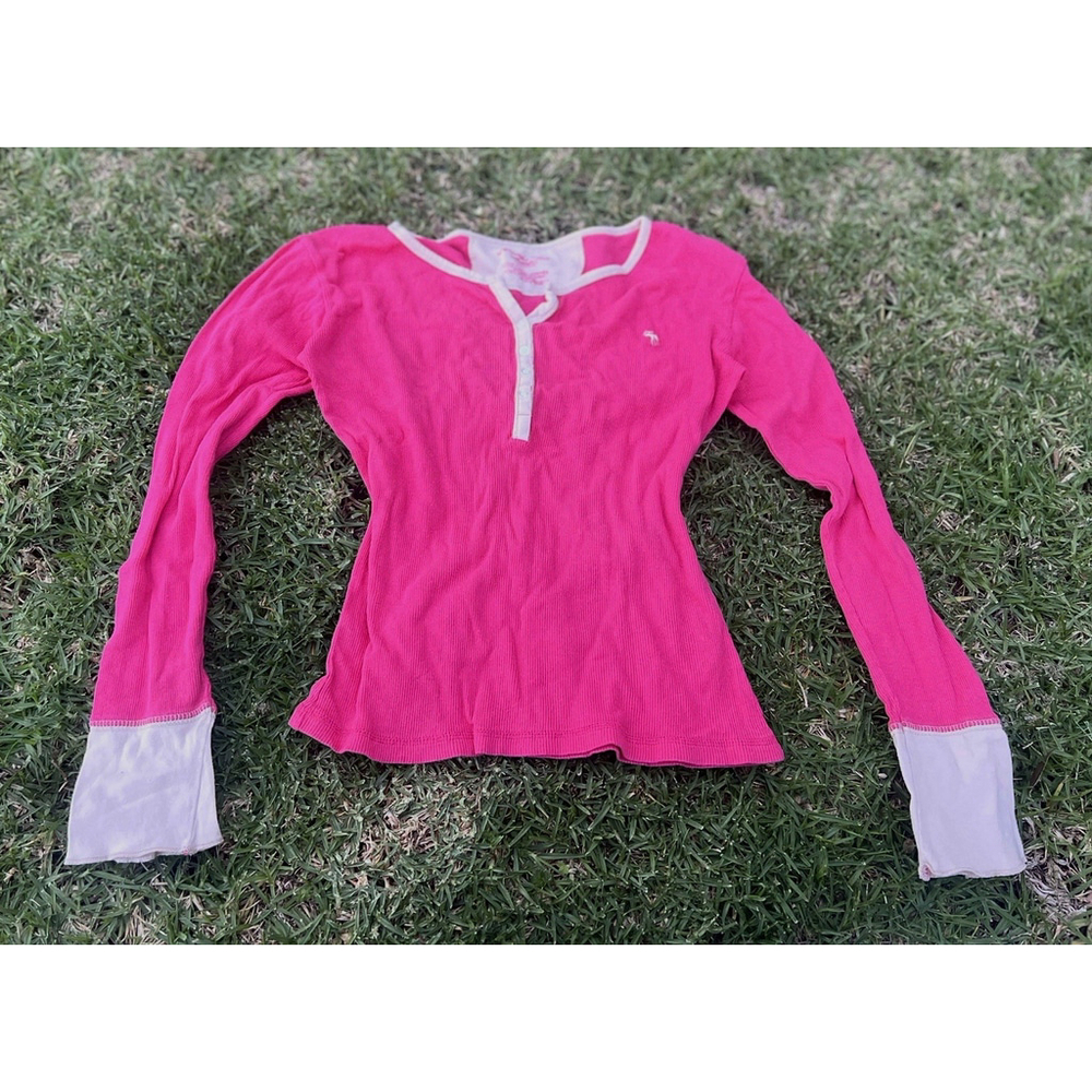 Y2K Abercrombie & Fitch Pink Long Sleeve Ribbed Henley Top M Bella Swan Coquette